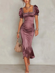 Vintage Square Lace Neck Ruched Fishtail Midi Dress