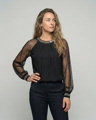 Women's Top | Elegant Mesh Sleeve Blouse with Rhinestone Trim