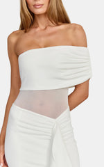 Hallie Maxi Dress - One Shoulder Flounce Dress With Leg Split And Sheer Panel in White