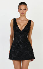 Lima Mini Dress - Plunge Neck Floral Embellished A Line Dress in Black