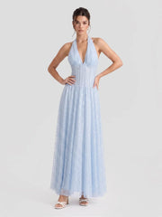 Plunge Halter Lace Maxi Dress