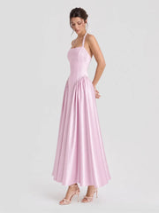 Pearl Straps Satin Halter Maxi Dress