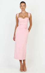 Kenna Midi Dress - Gathered Bust Tucked Waist Dress in Pink