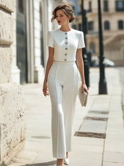 Buttoned Short Sleeve Top & Tailored Straight-Leg Pants Set