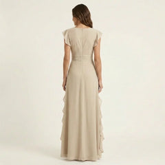 Women's Ruffle Wrap Maxi Dress | Elegant Silky V-Neck Layered-Sleeve Gown
