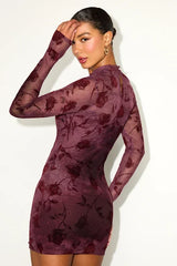 Seranda Burgundy Floral Mesh Mock Neck Mini Dress