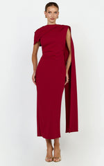 Visenta Midi Dress - Asymmetrical Sleeve Dress in Wine