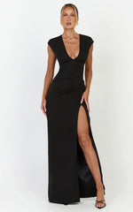 Lilo Maxi Dress - V Neck Cap Sleeve Dress in Black