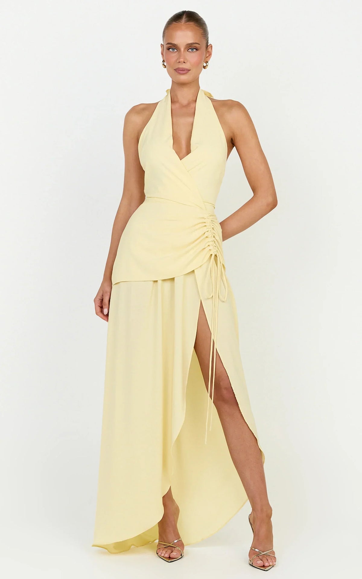 Reef Midi Dress - Plunge Halter Neck Ruched Waist Dress in Lemon