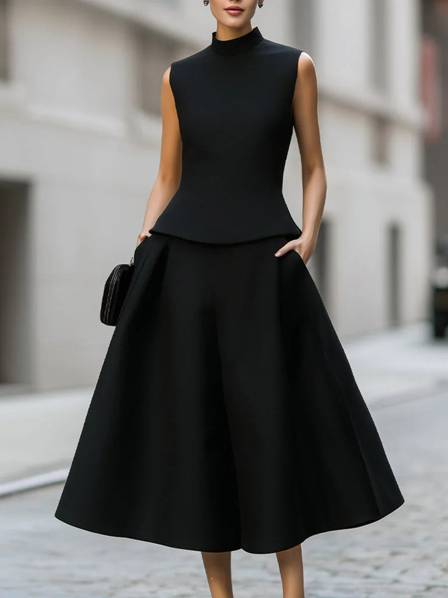 Sleeveless Mock Neck Top And A-Line Midi Skirt Set