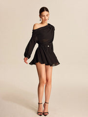Semi-Sheer Chiffon One-Shoulder Bow Detail Skirt Set