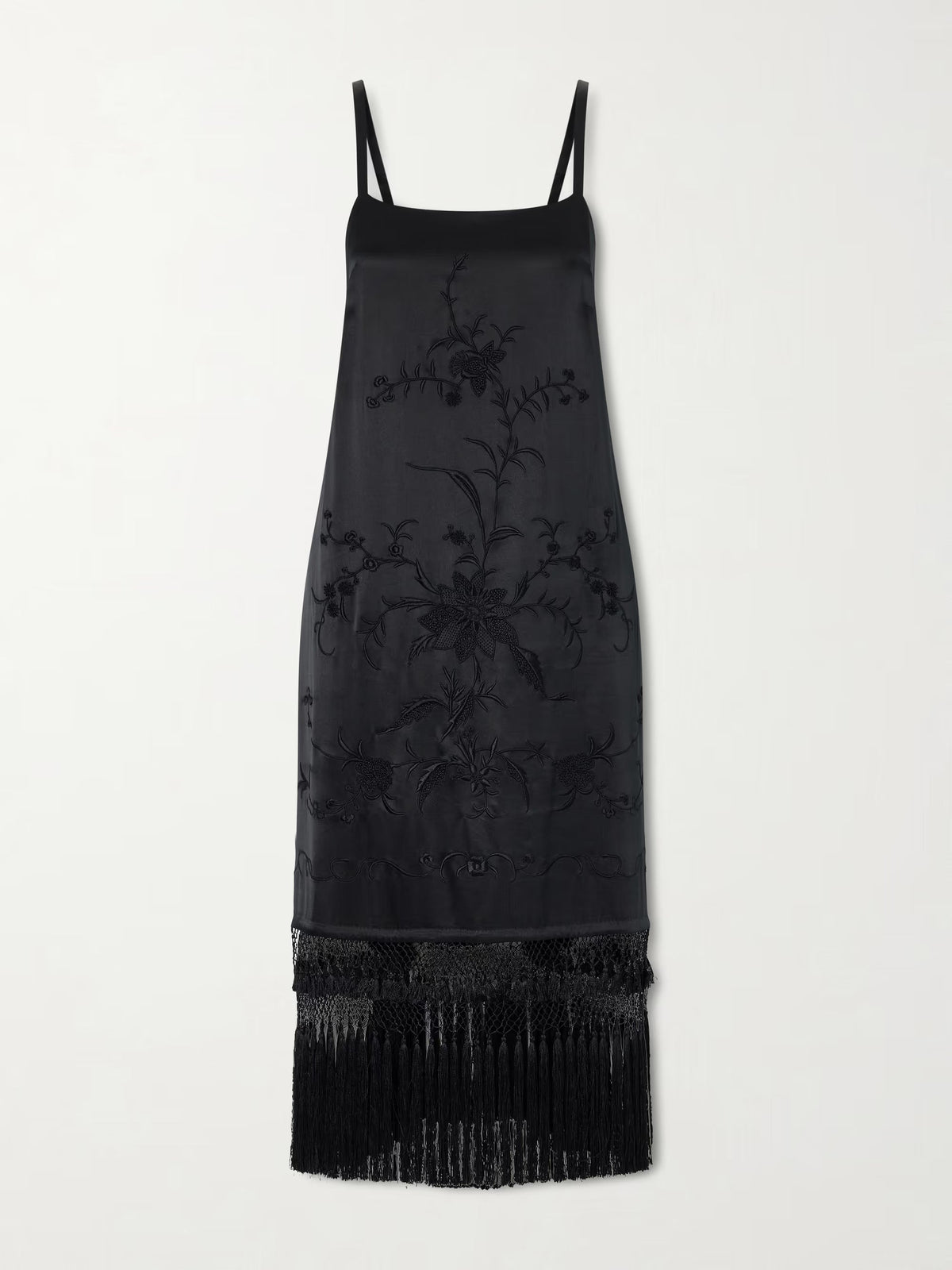 Fringed embroidered silk-satin midi dress