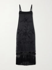 Fringed embroidered silk-satin midi dress