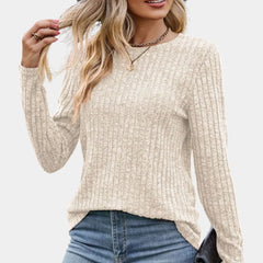 Women's Long Sleeve Top - Ribbed Round-Neck