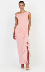 Alba Maxi Dress - Off Shoulder Waterfall Sash Dress in Pink