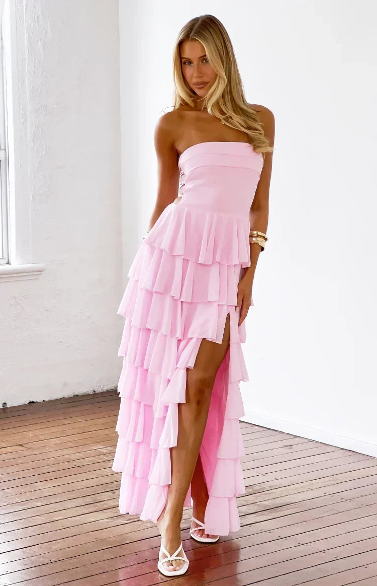 Kim Pink Strapless Ruffle Maxi Dress